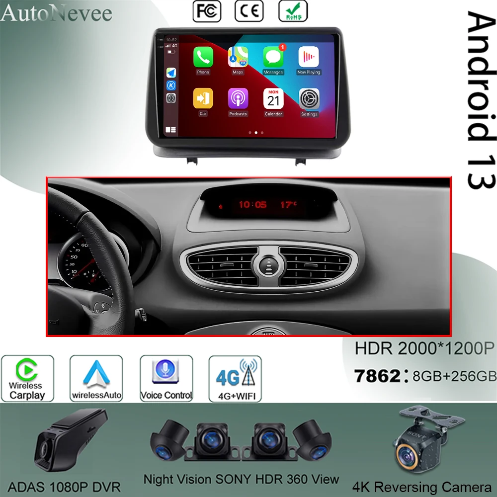 

Авторадио Android, беспроводной Carplay для Renault CLIO 3 2005-2014, автомобильный стерео Мультимедийный видеоплеер, GPS, DVD, DSP, IPS, QLED