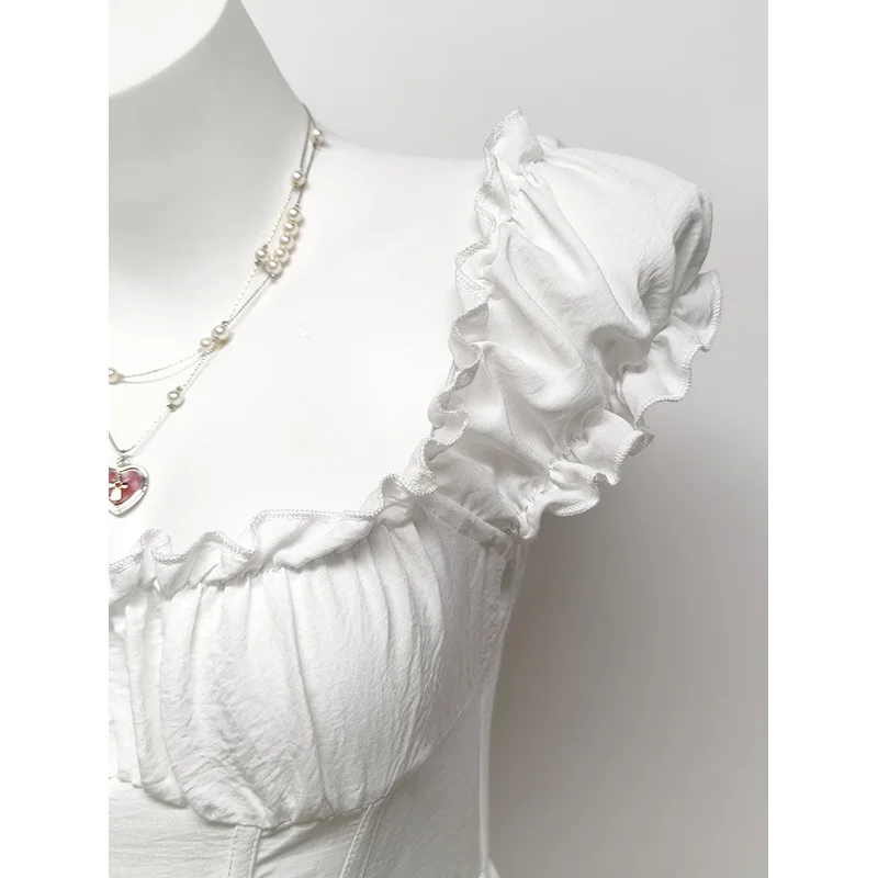 Benuynffy quadrado pescoço babado guarnição doce vestido de verão feminino 2026 nova cor sólida cintura alta em camadas bainha a linha vestidos curtos