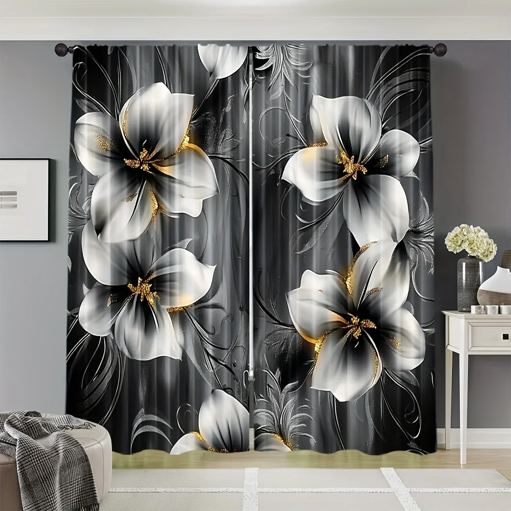 Black and White Floral Curtains with Gold Accents 3D Printed Window Drapes Modern Living Room Decor Elegant Home Fashion Design