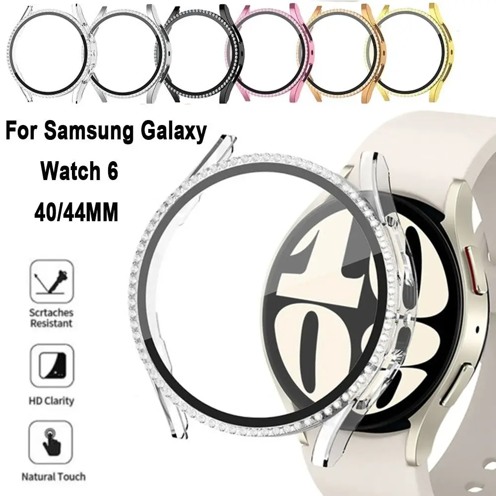 Diamond Bumper Protective Case for Samsung Galaxy Watch 6 40mm 44mm PC+Tempered Glass Screen Film Screen Protector Cover Bumber