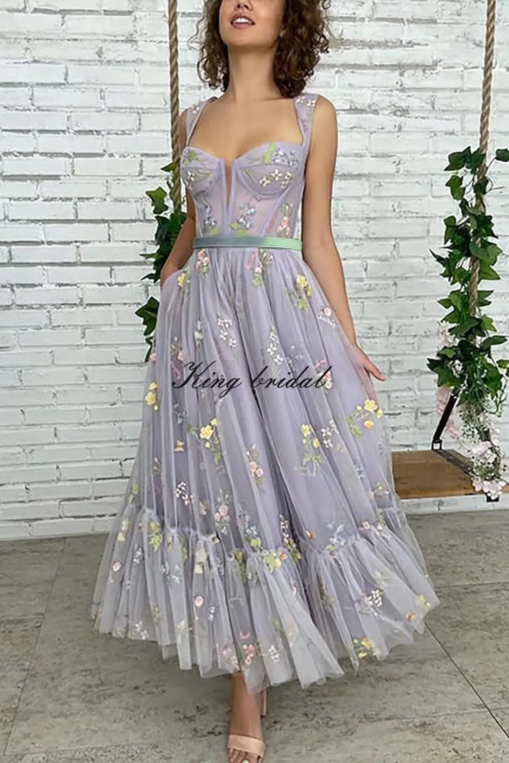 Custom Made Women's Flower Embroidery Tulle Prom Dresses Tea Length Corset A Line Fairy Formal Evening Party Gown Bridesmaid image 4
