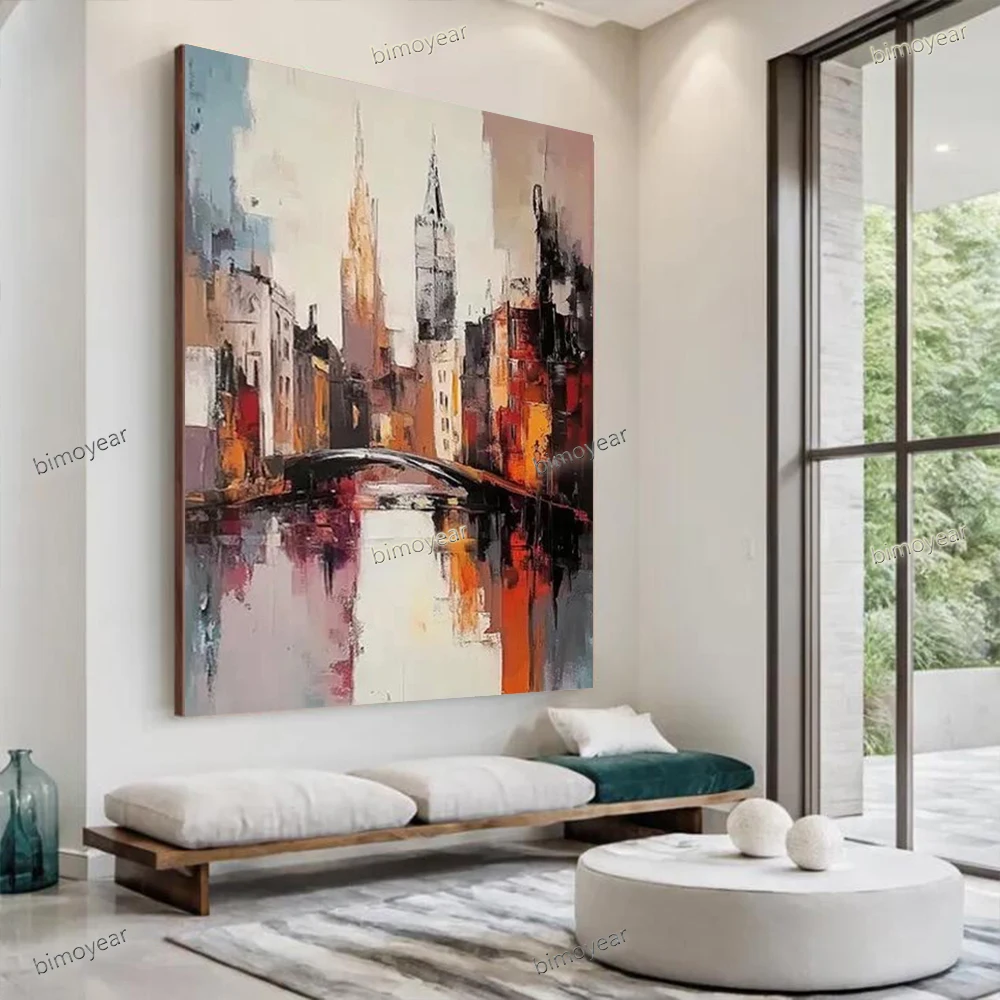 100% Handmade Abstract Oil Painting on Canvas Modern urban landscapes Wall Art Picture for Home Living Room Decor Image Mural