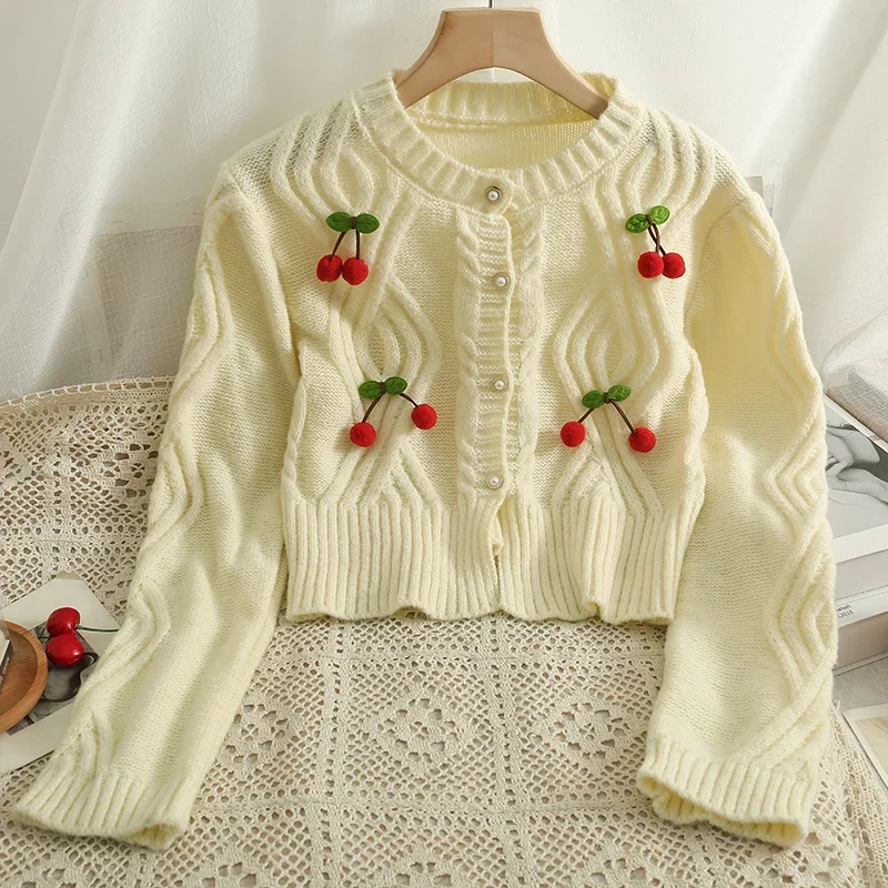 2024 New Trend Chic Fashion Cherry Knit Cardigan Ladies Fall Cute Button O Collar cappotto a maniche lunghe Cardigan maglione da donna