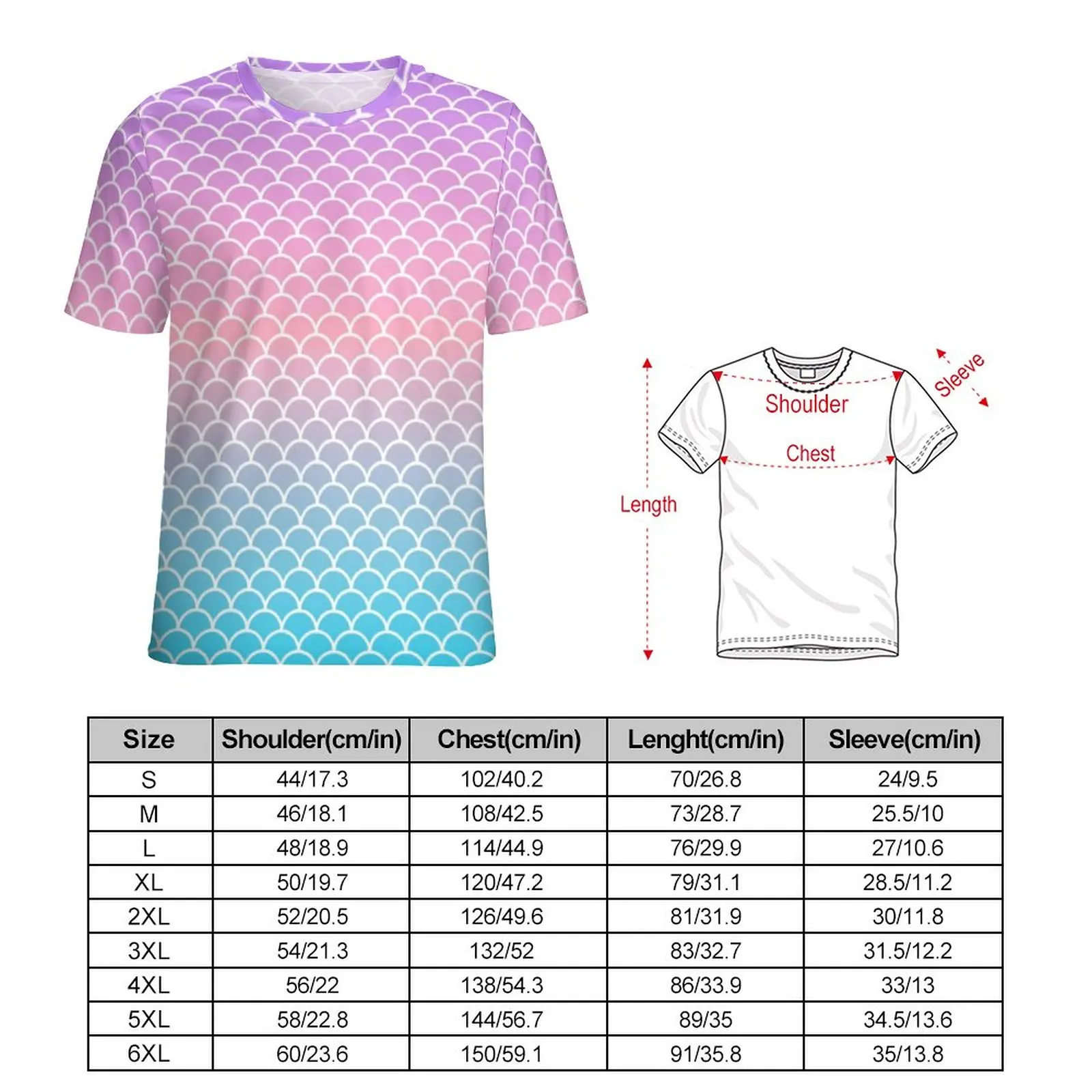 Ombre Mermaid Scales T-Shirt Male Blue Purple Street Style T Shirts Summer Cool Tees Short-Sleeved Graphic Big Size Tops