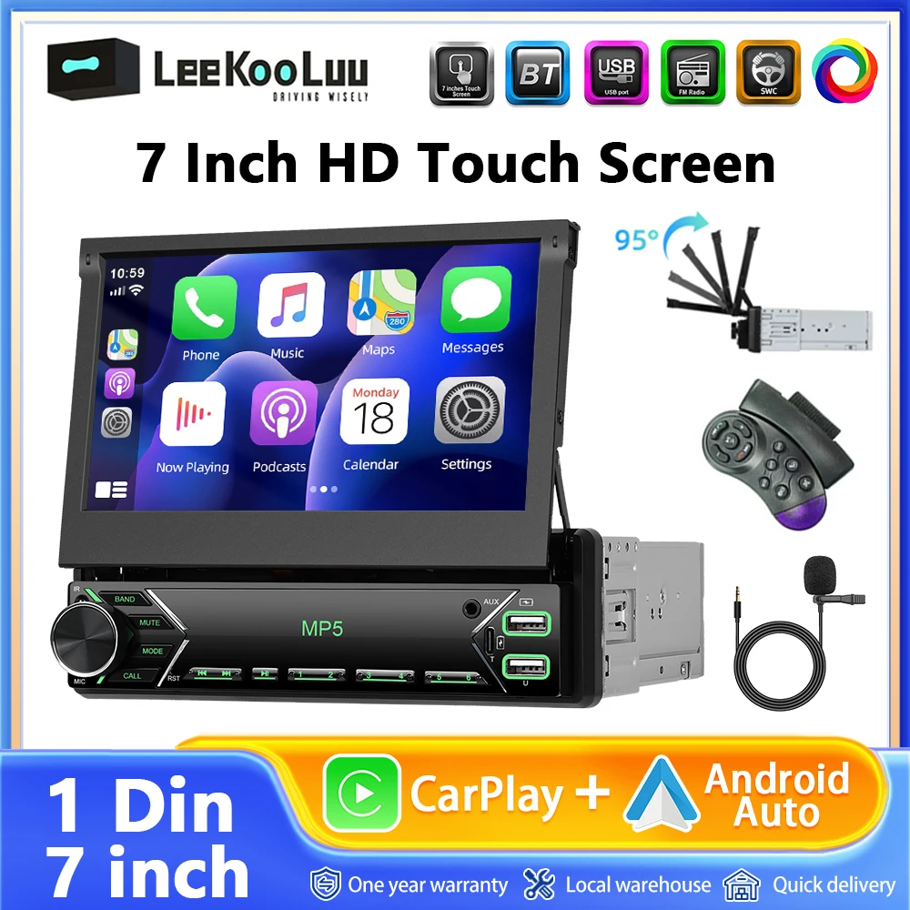 Leekooluu 1 Din autoradio cablato Android Auto Carplay universale 7 schermo retrattile manuale 1Din MP5 lettore multimediale Video