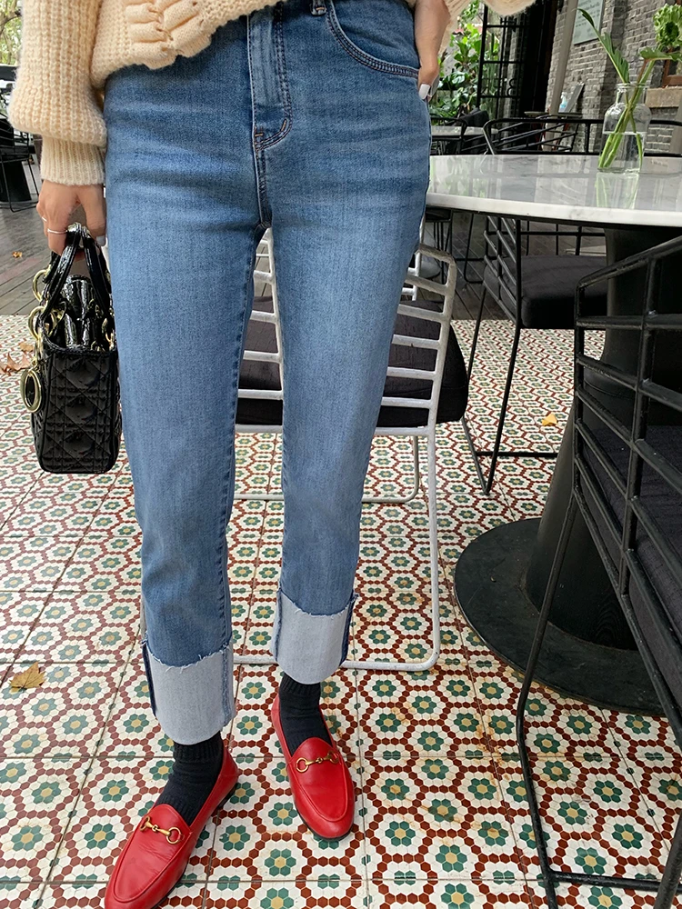 

Women's Fleece Lined Straight Leg Jeans High Waist Cotton Blend Zipper Closure Autumn Winter Fashion Design Unique Style