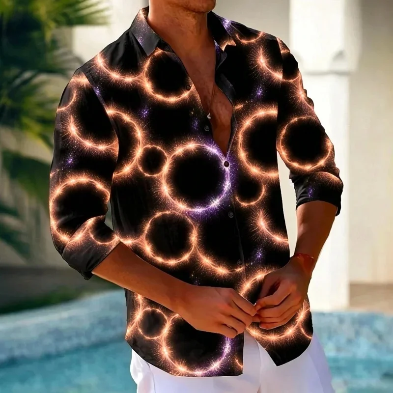 2026 Summer New Men's Colorful Neon Ring Print Long-Sleeve Shirt, Versatile for Everyday Commute, Vacation, Party, and Travel