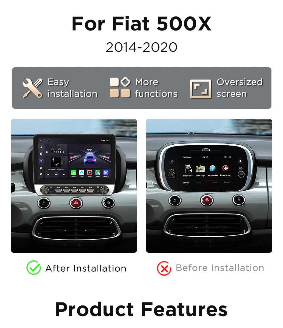 Junsun 10,1" Tasten Drahtloses Carplay Android Auto Autoradio für Fiat 500X 2014 2015 2016 2017--2020 Bluetooth GPS Navi 4G DSP – Detail 4