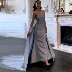 Saudi Luxury Evening Dresses 2024 Satin Sheath/Column Elegant Prom Gown Silvery Strapless Pearl Sweep Train Prom Dress Maxi
