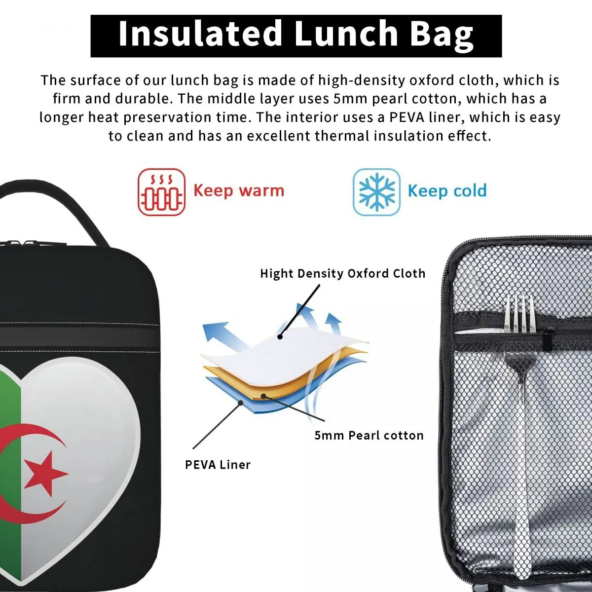 Algeria Algerian Flag Love Icon Insulated Lunch Bag for Women Kids Portable Food Boxes Thermal Lunch Box Tote