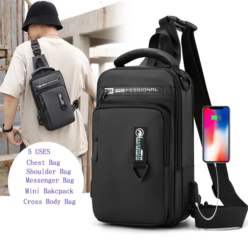 

Men Shoulder Chest Bag Sling Cross Body Backpack with USB Charging Port Travel Waterproof Nylon Male mini Rucksack Messenger Bag