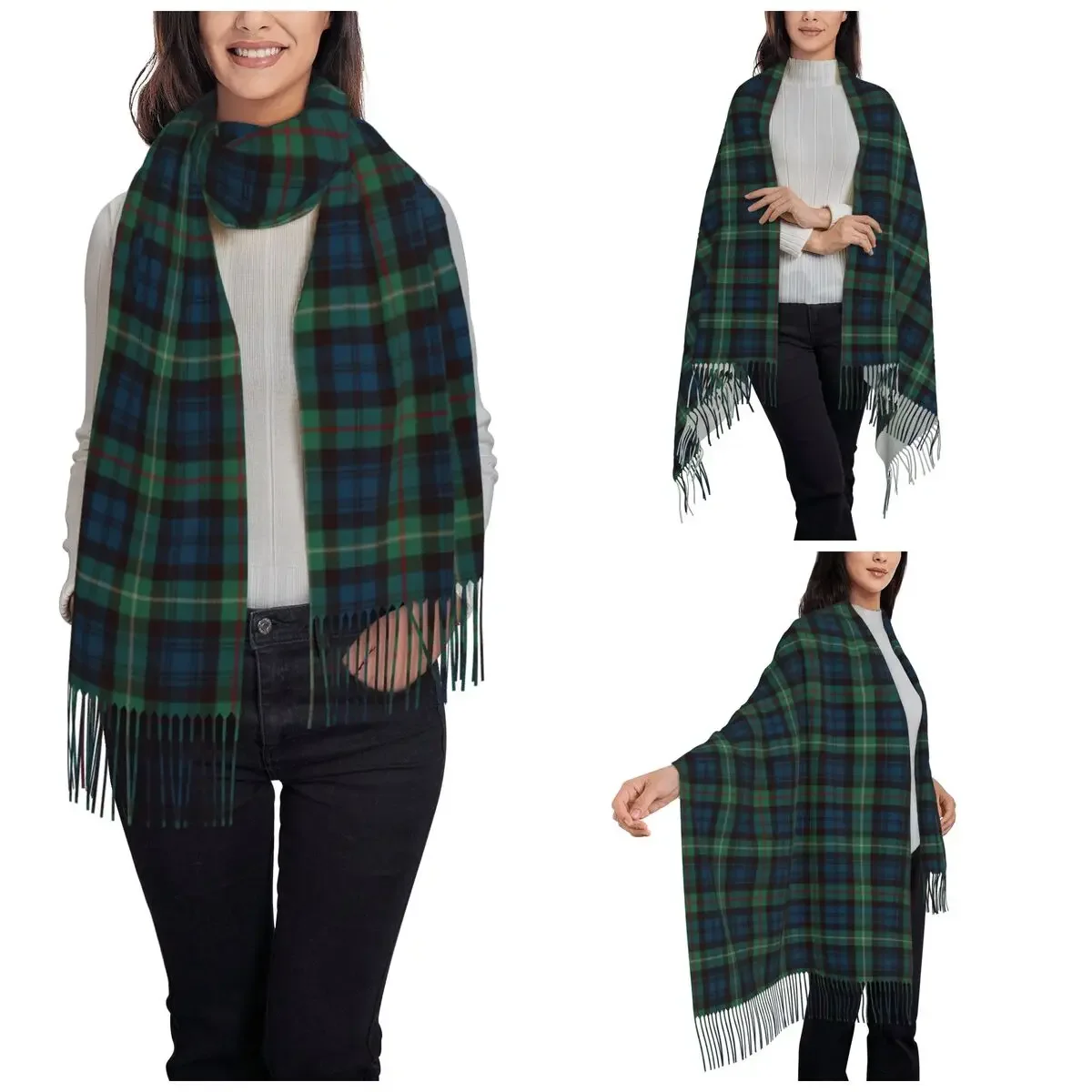 Tartan Rustic Green And Blue Black Watch Plaid Holiday Scarf for Women Winter Fall Pashmina Shawl Wrap Check Large Shawl Scarf