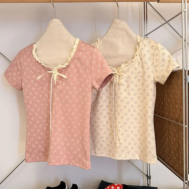 Korean Fashion Sweet Cute Bear Chic Pattern Shirt Pink Long Sleeve Harajuku Flower T Shirts Women Aesthetic Clothes Outfits Tops