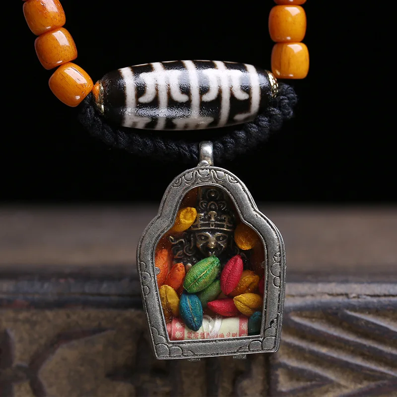 Hand-Held 108-Bead Buddhist Prayer With Beads, Copper Gahu Box, Zaki Lhamo Pendant, And Yak Bone Three-Way