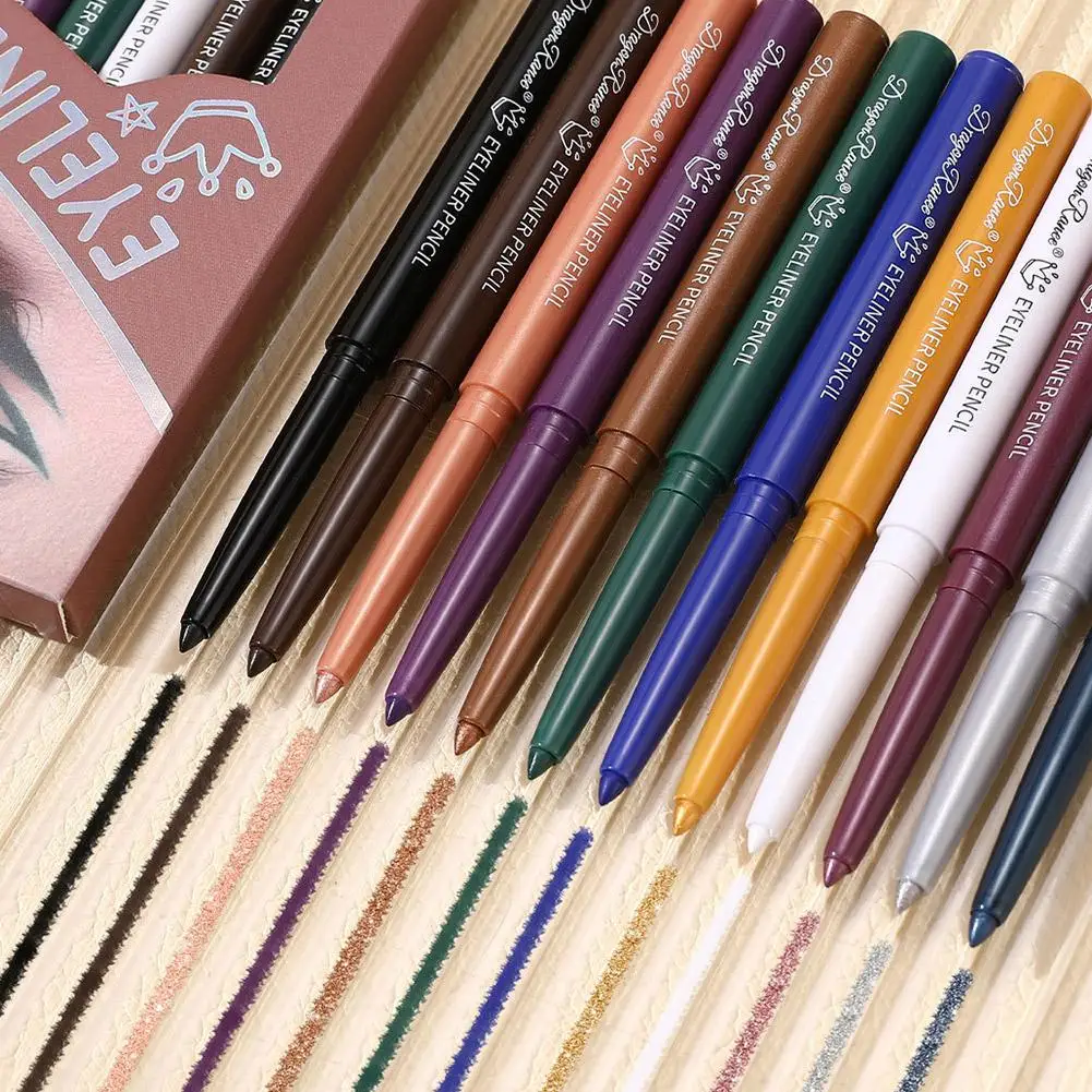 ใหม่ 12 สีอายไลเนอร์ปากกาอายไลเนอร์สีกันน้ำแต่งหน้าสีขาวเครื่องสำอางสีแดงสีเขียวสีน้ำตาลตาสีทองสีฟ้าเครื่องมือ E1W4