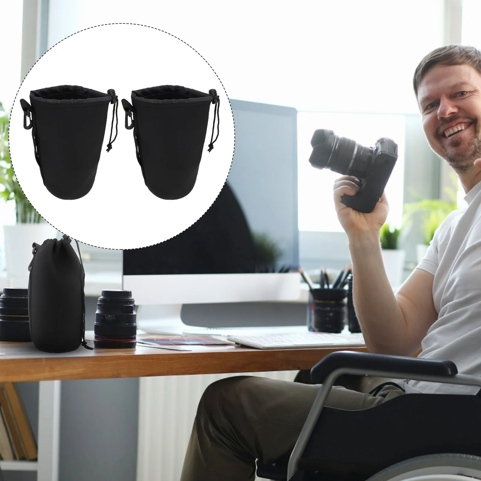 

2Pcs Neoprene Lens Pouch Shockproof Drawstring Camera Lens Case Bag for Lenses Up to 22Cm Professional Protective Pouch