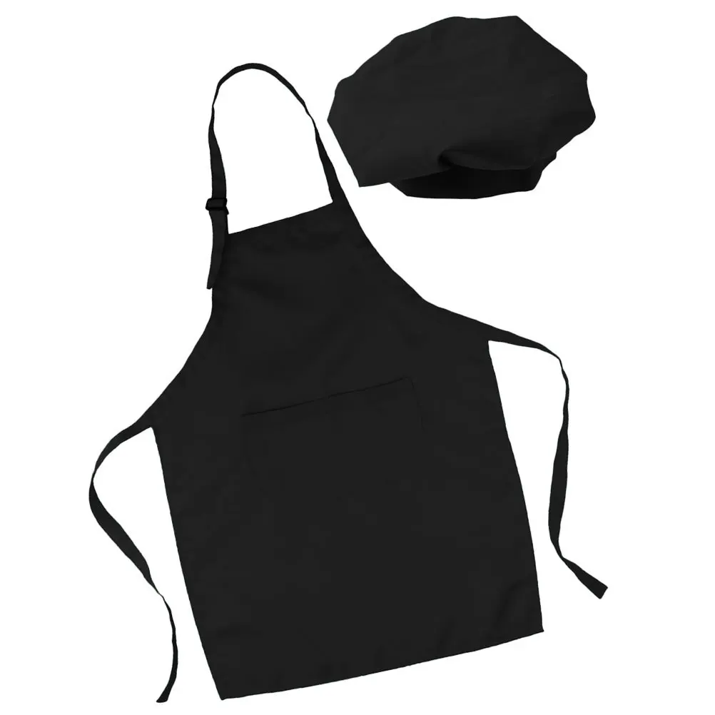 1Set Children Chef Apron Hat Kitchen Cooking Bibs Black Size L Adjustable Strap Front Pockets Party Baking Art