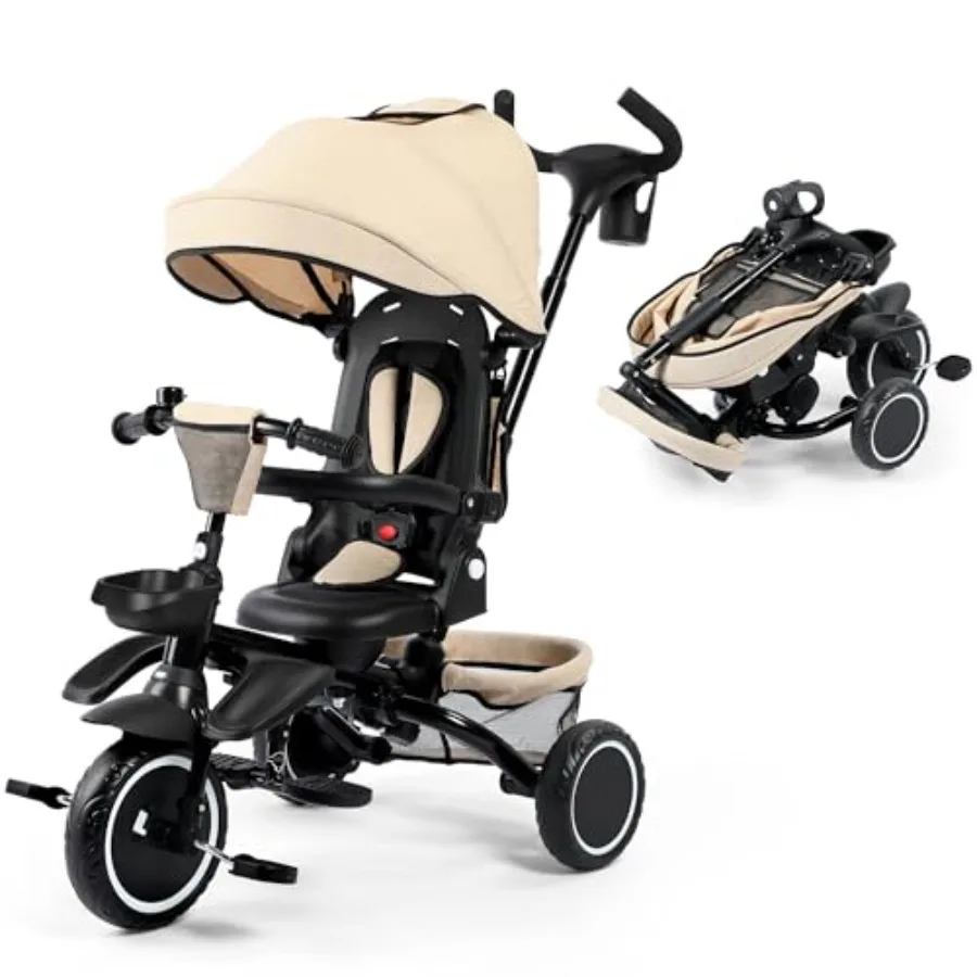 

Детский трехколесный велосипед Kinder King 8 в 1, складной, с регулируемой ручкой для толкания, поворотным сиденьем, регулируемым козырьком, звонком и пятиточечными ремнями безопасности