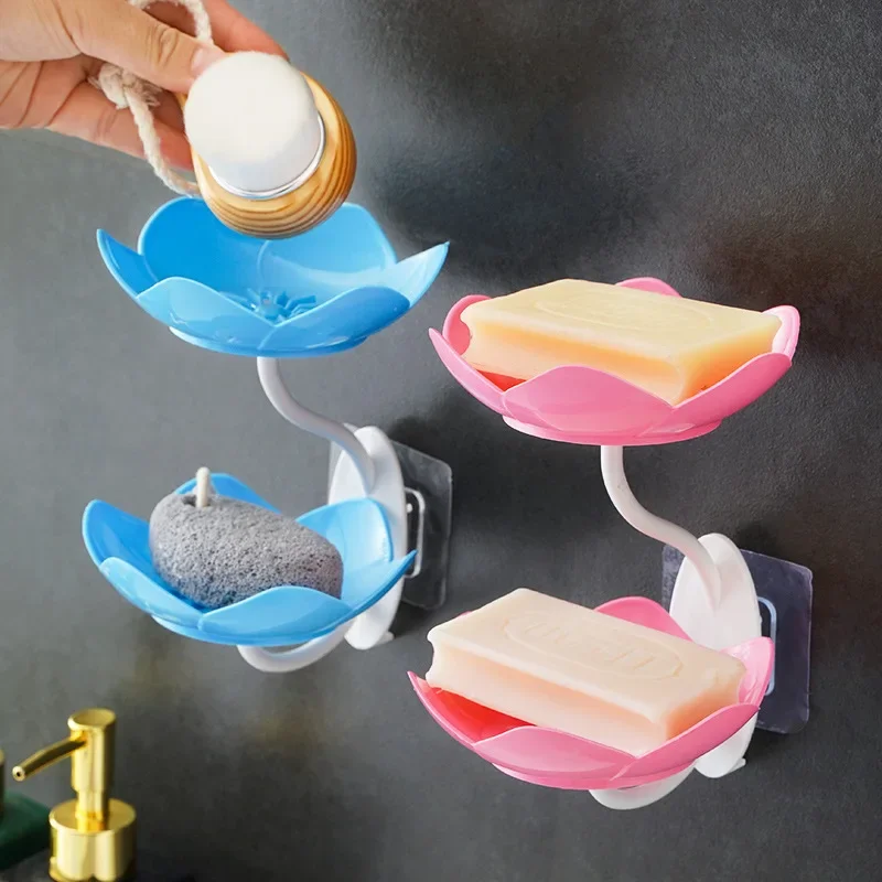 Double Layer Flowers Lotus Shape Draining Soap Dish Soap Box Plate Holder Portable Punch-free Soap Tray Bathroom Accessories