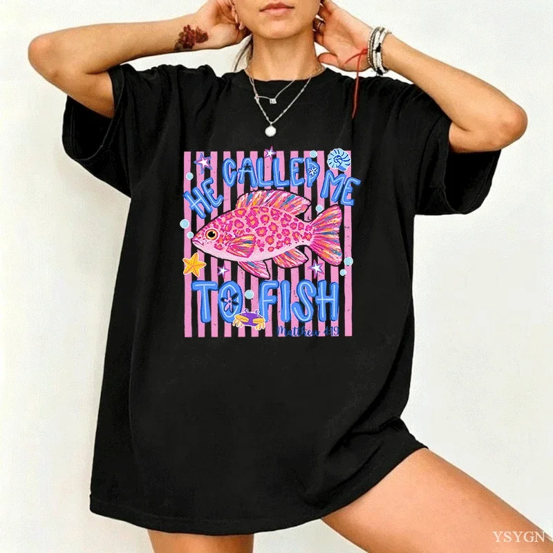 2026 Fashion New Preppy Coastal Lake Retro Bass Fish Graphic T-Shirt Pastel Print Colorful Beach Lover Casual Gift Basic Top Tee