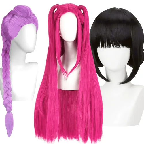 K-pop grupo de chicas Mira Zoey Rumi Peluca de cosplay Película Peluca de juego de rol Pinkpurple Peluca sintética larga Peluca corta negra para mujeres y niñas