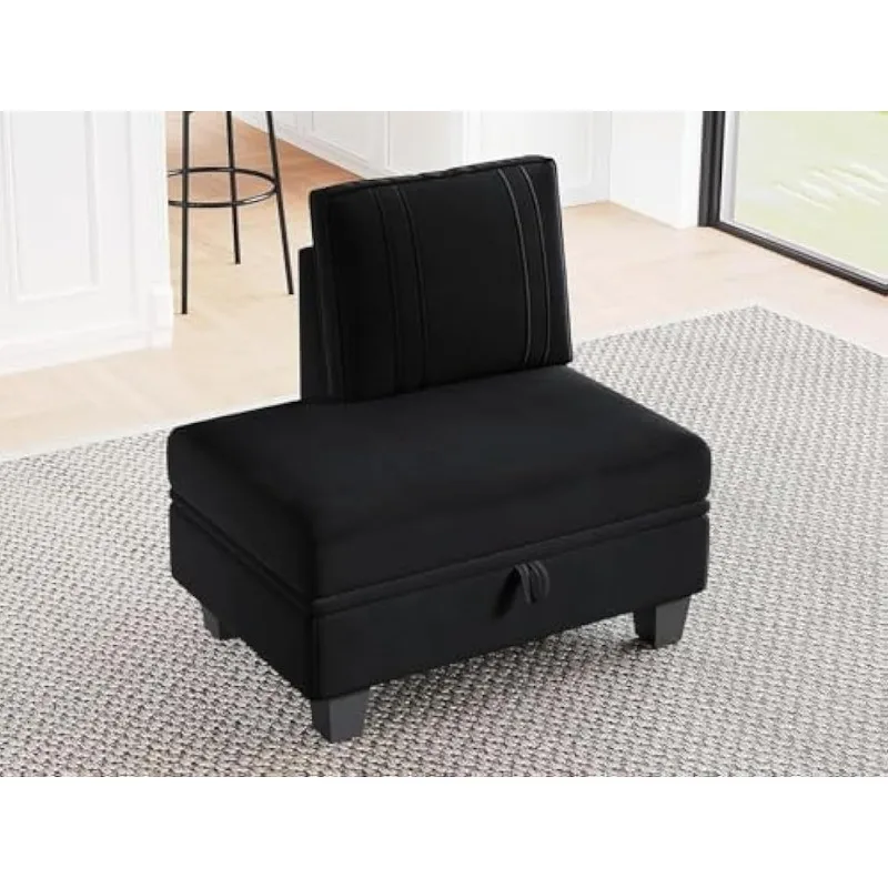 

34.8 inch Storage Ottoman with Backrest, Upholstered Reversible Chaise for Modular Sectional Sofa, Black