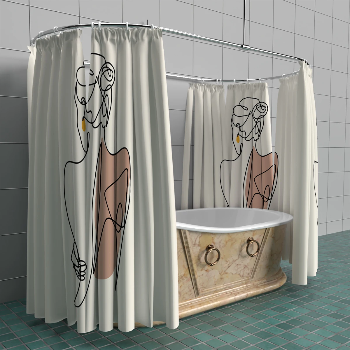 1PC, 180x180cm bathroom polyester shower curtain, mold resistant, waterproof, perforated with hooks, female portrait sketch