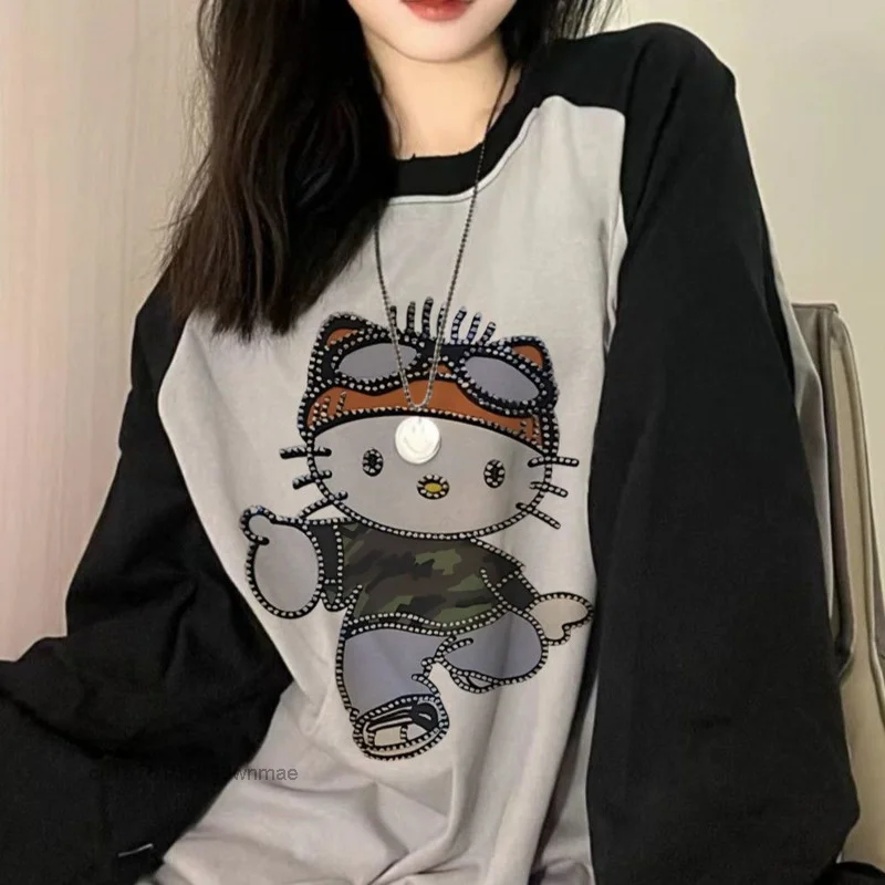 Sanrio Hello Kitty Camo Cotton T-shirts for Women, Long Sleeve, Hip Hop, Splicing, Oversize Fashion Tees, Street Top Clothes