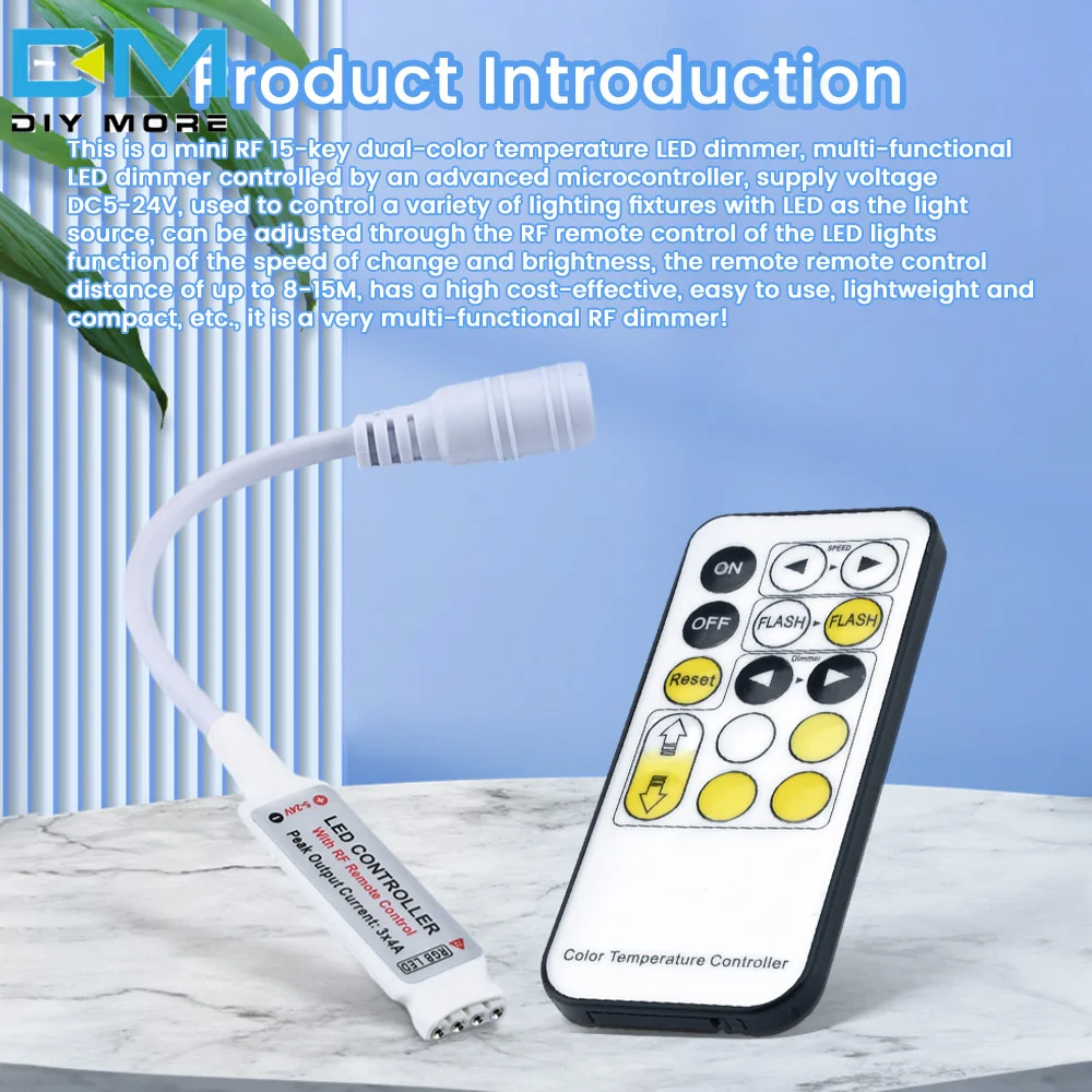 DC5-24V Mini Rf 15 Keys Dual Colour Temperature Led Dimming Controller Led Strip Light Controller CR2025 RF Remote Control