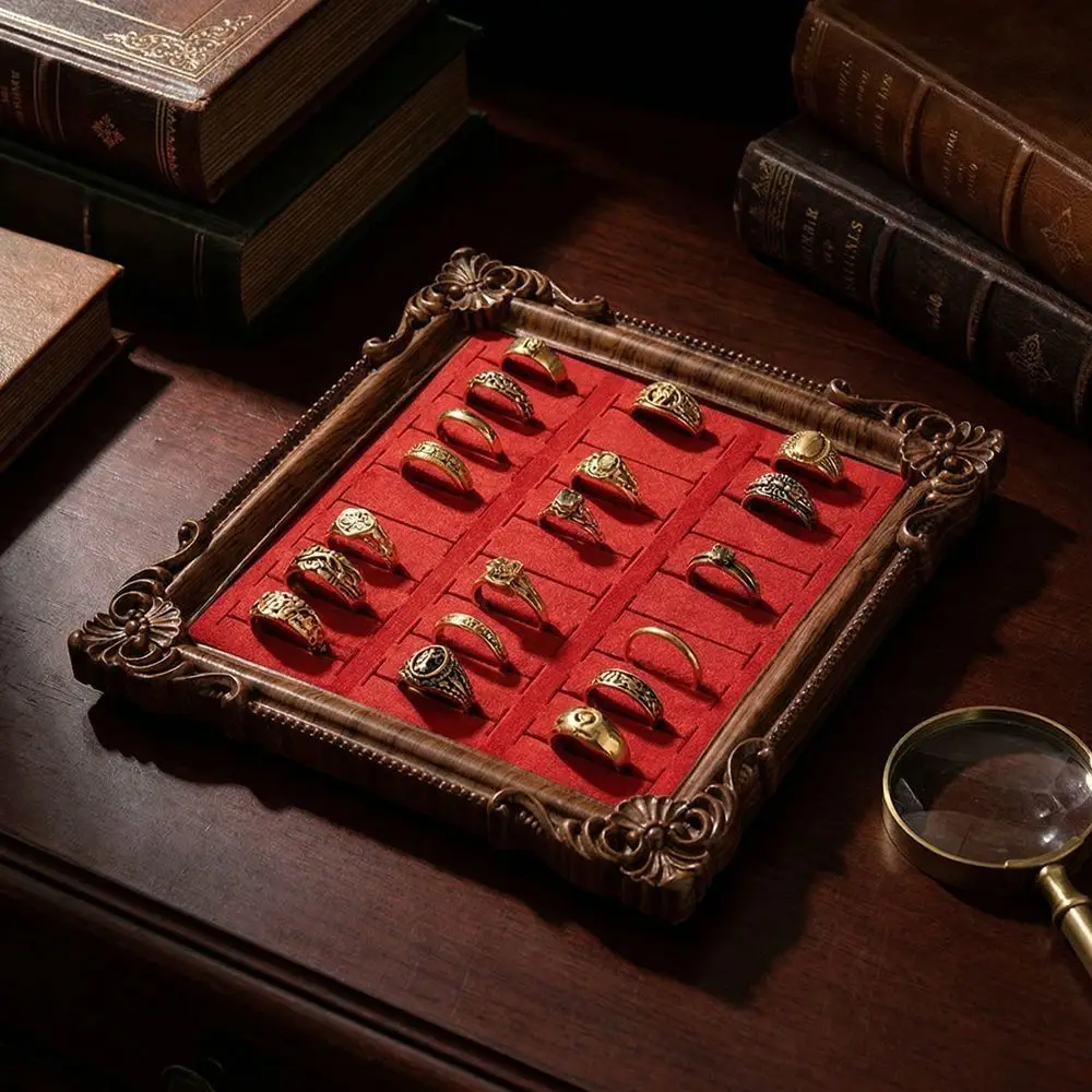 

European-style Vintage Jewelry Display Rack Aesthetic Gold Photo Frame Wooden Ring Display Square Trinket Stand