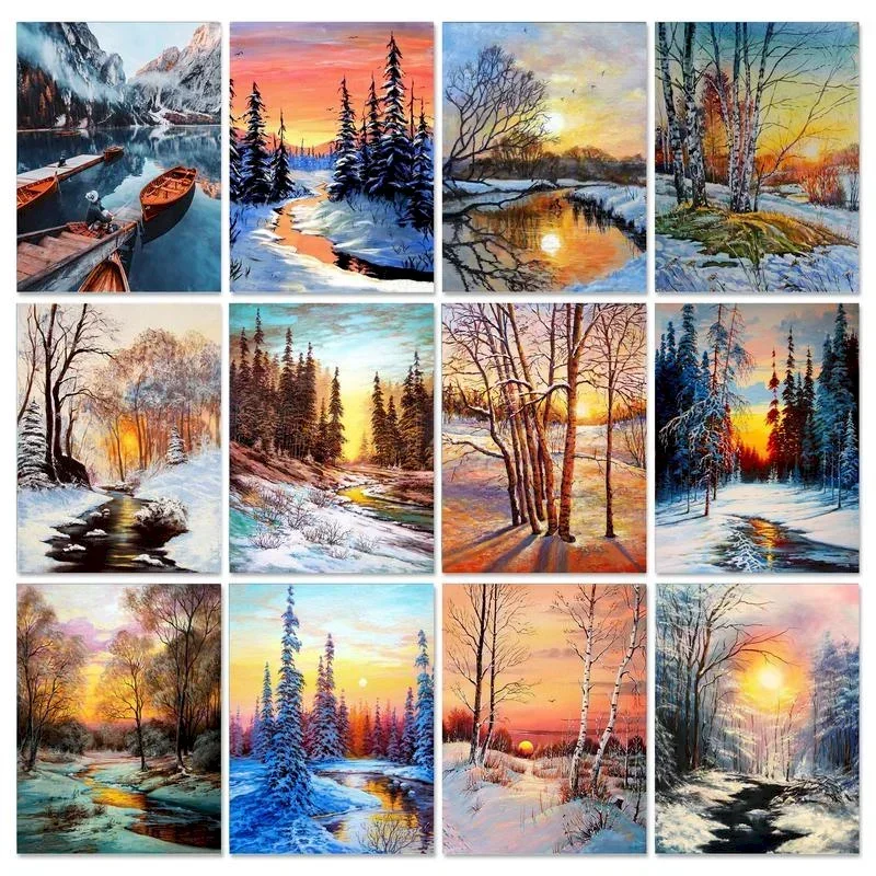 

122306 Painting By Number Canvas Kits DIY Winter Snow Scenery Unframe Coloring By Numbers Landscape Handpainted