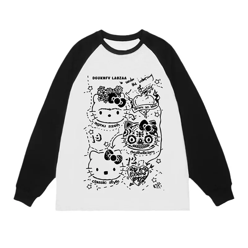 

Sanrio Hello Kitty Cotton Long Sleeve Cartoon Loose Colour Blocking Top Y2k Trendy Same Style For Men And Women T-Shirt Gifts