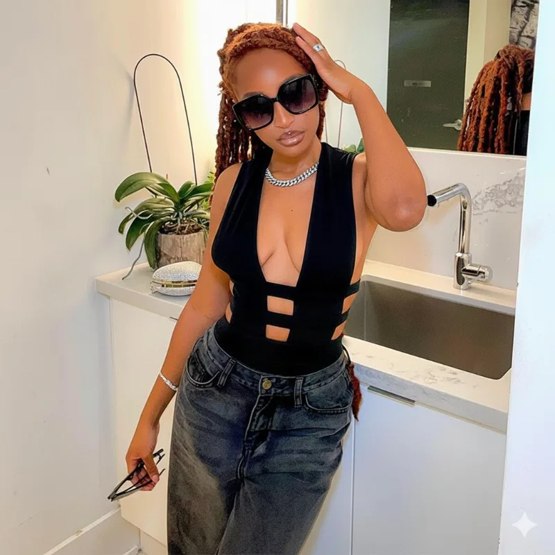 Krisnanas Black Sexy One Piece Jumpsuits for Women 2025 Hollow Out Sleeveless High Waist Simple Bodycon Jumpsuit Female Clothing