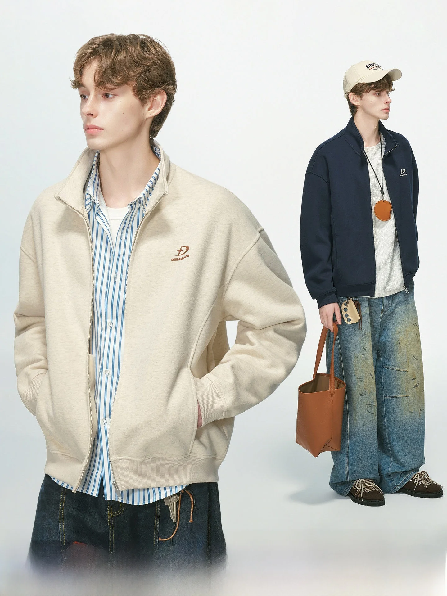 Dream Made American Style Commuter Embroidered Open Cardigan Sweatshirt Men's Heavy Zipper Jacket Boys' Cotton Spring Autumn ...