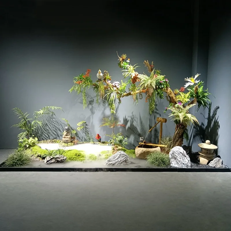 Window decoration, indoor greening, simulation rain landscape, rockery, fish pond, courtyard, plant and flowing water ornament s