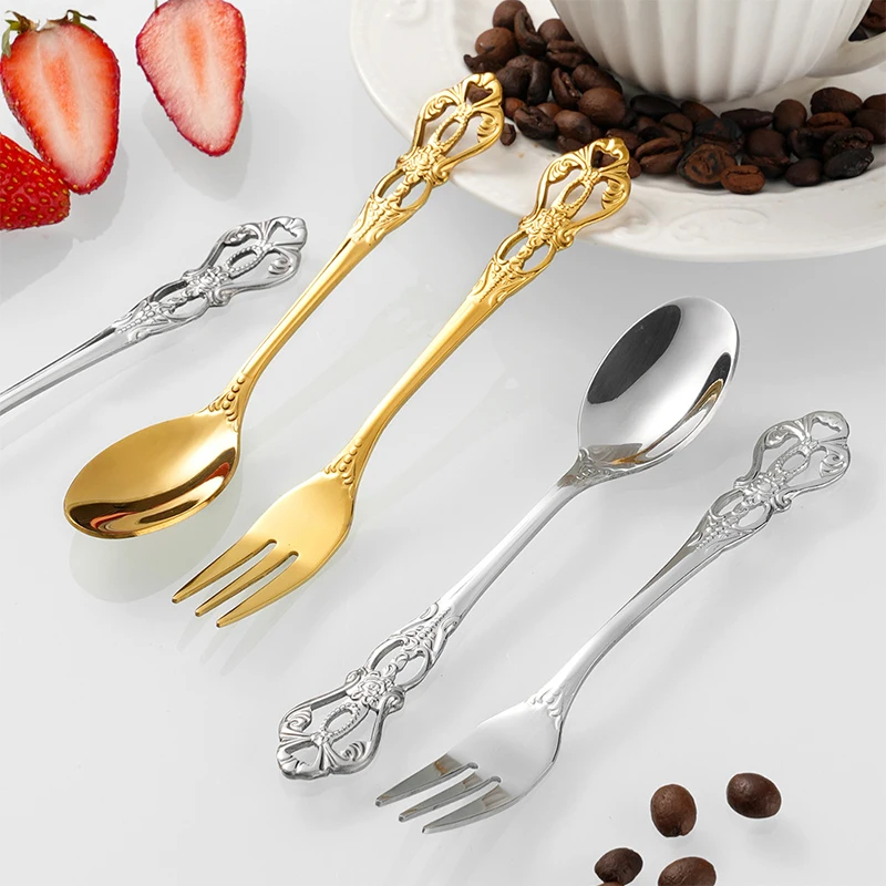 Embossed Stainless Steel Spoon Fork Set High‑Aesthetic Coffee Dessert Spoon Multipurpose Tableware for Mug Pudding Home Use