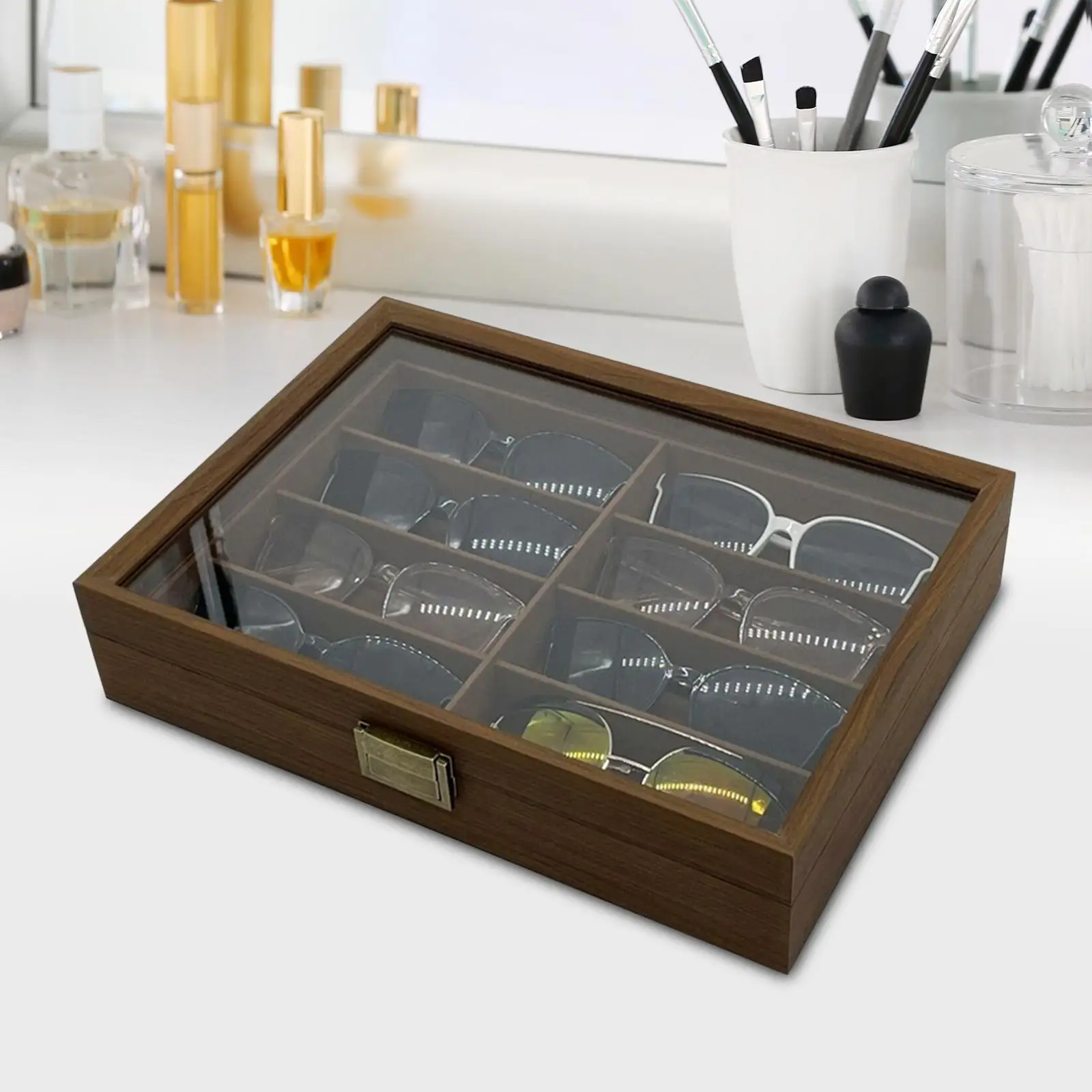 

Wooden Sunglasses Organizer Box Display Case 8 Slots Multipurpose Brown Mini Stable Eyewear Holder for Living Room Collector