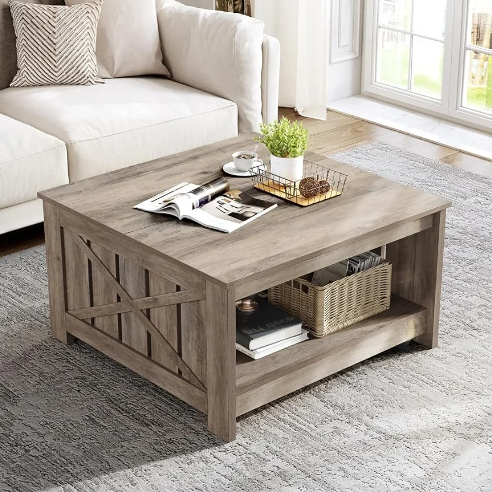 Coffee Table with Storage for Living Room Farmhouse Wood Coffee Table,Rustic Square Coffee Table Living Meeting Room,Rustic Grey