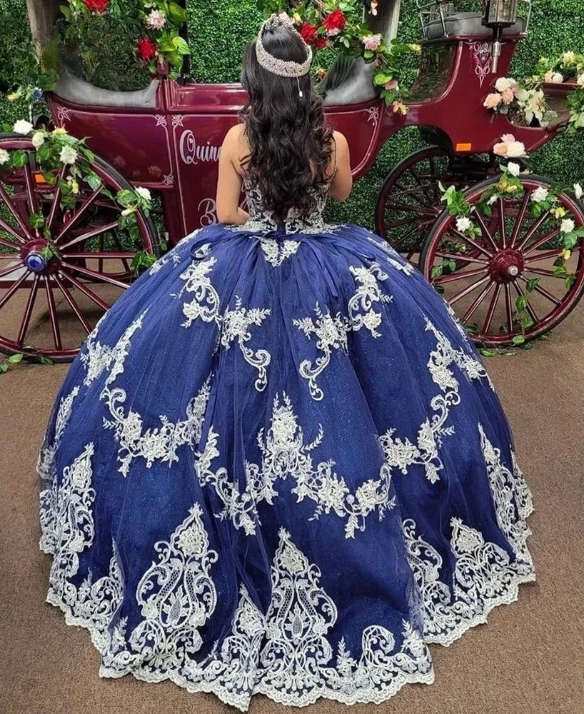 Robe de Bal Charro Quinceanera Bleu Royal avec Bretelles Spaghetti, Appliques en Tulle, Douce Mexicaine, 16, 15 Ans