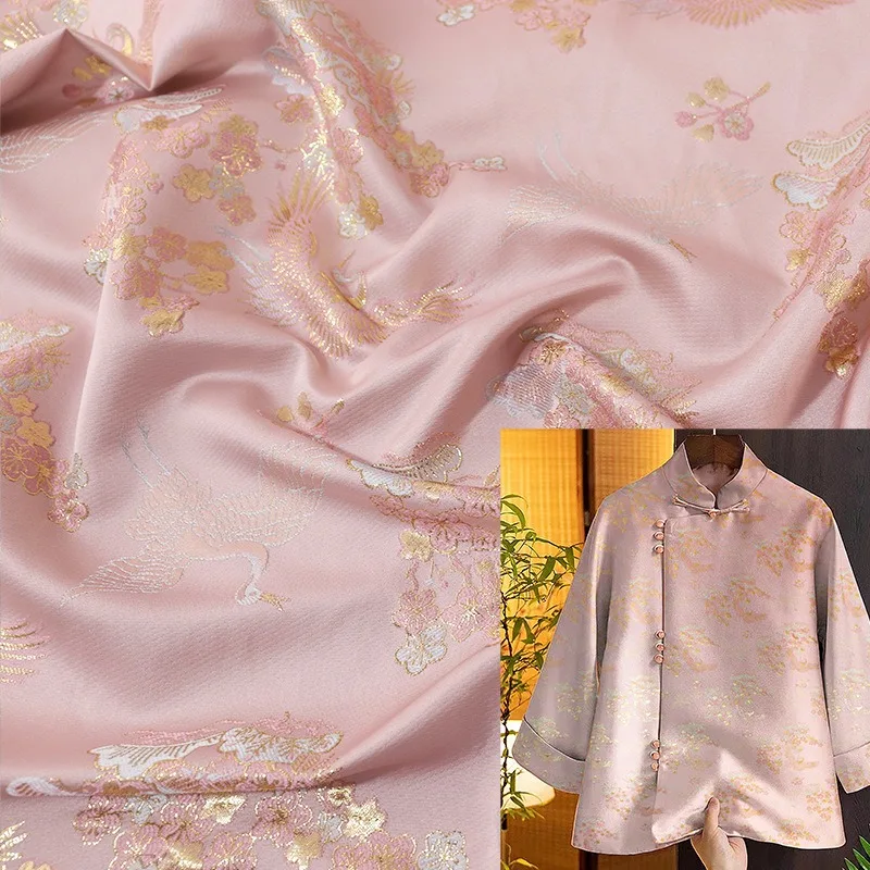 Plum Blossom Crane Pattern Chinese-Style Gold Woven Jacquard Brocade Satin Hanfu Skirt & Blouse Fabric Traditional Embroidery