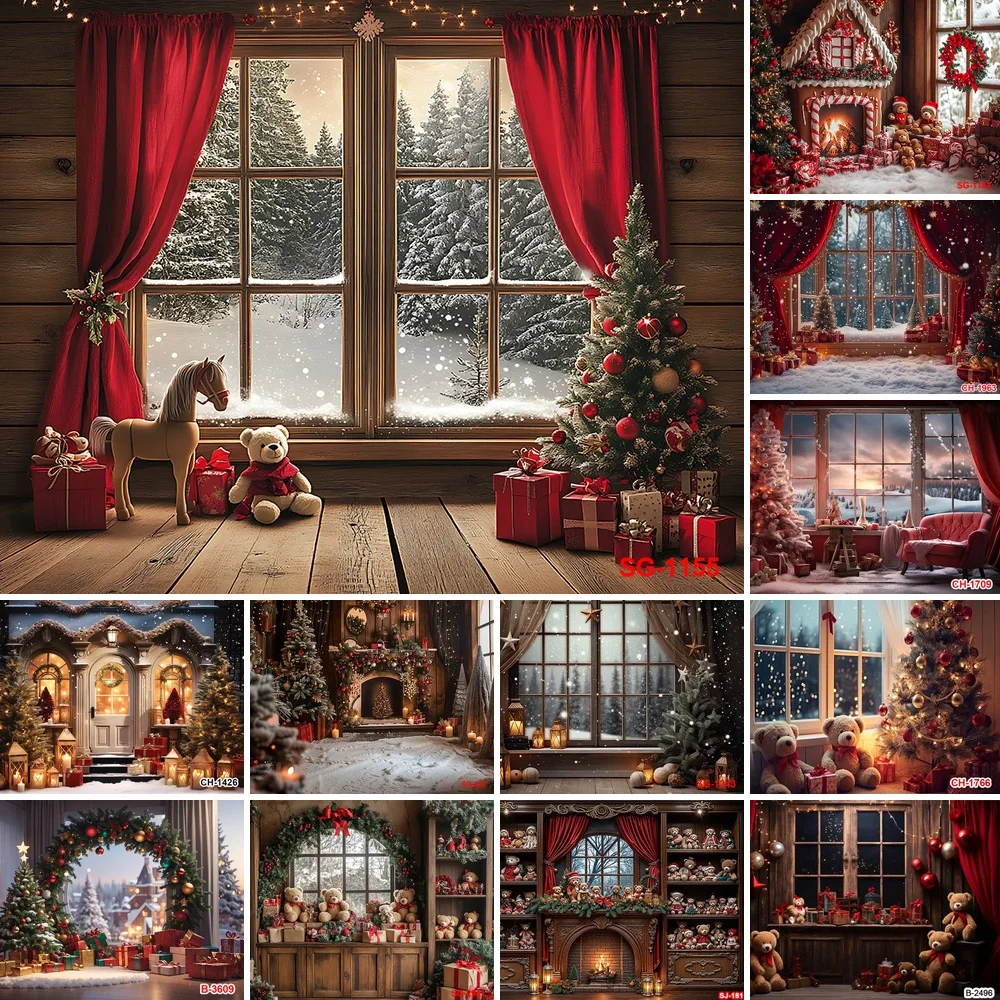Christmas Window Photography Backdrop Warm Festive Interiors with Red Drapes and Holiday Decorations for Holiday Photo Sessions