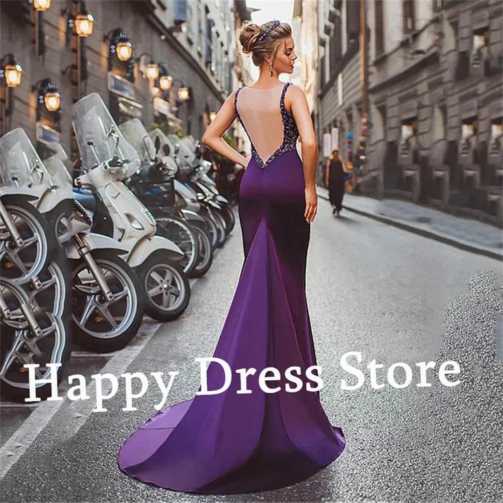 Happy Dress Custom Dark Purple Formal Evening Dress Sequins Illusion Back Mermaid Satin Sweep Train Party Dress Reception Dress