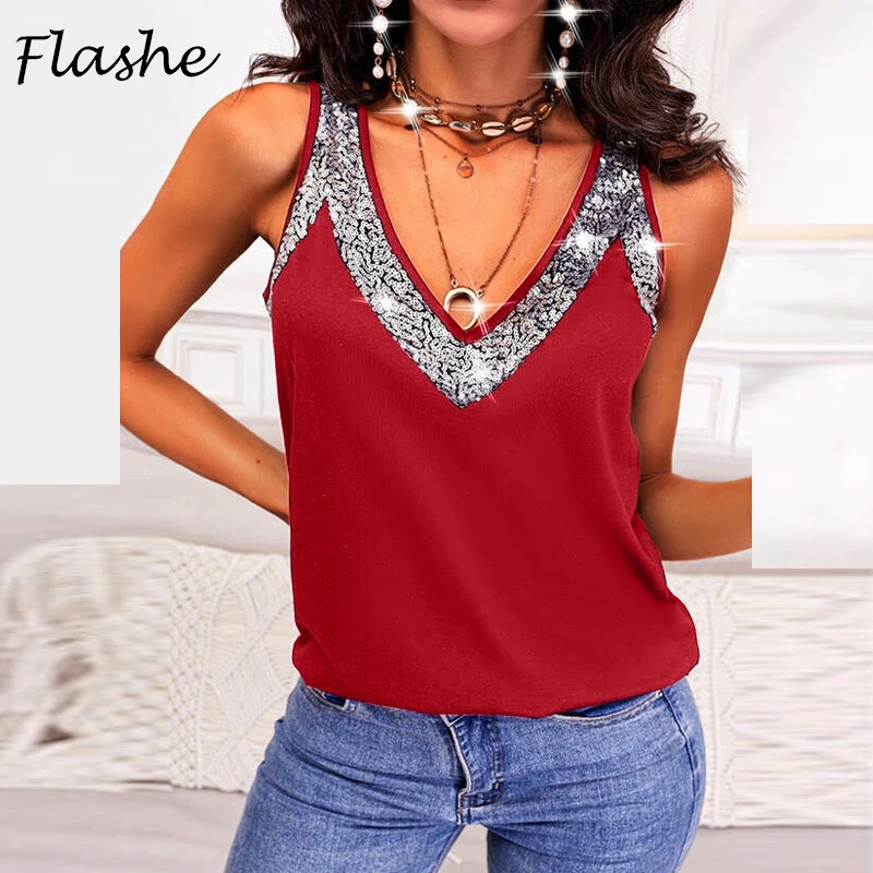 Summer Women Tank Tops Sequins Patchwork Sleeveless V Neck Shirts For Women Fashion Loose Tshirts Casual Shirt Pullover 2022