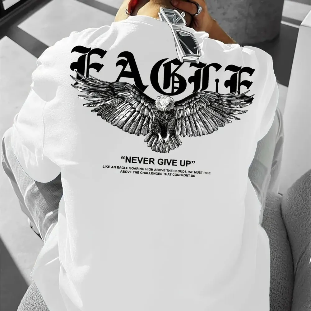 Men's Summer Polyester Fabric Casual Fashion Round Neck T-shirt Never Give Up Pattern Printing Outdoor Loose Top