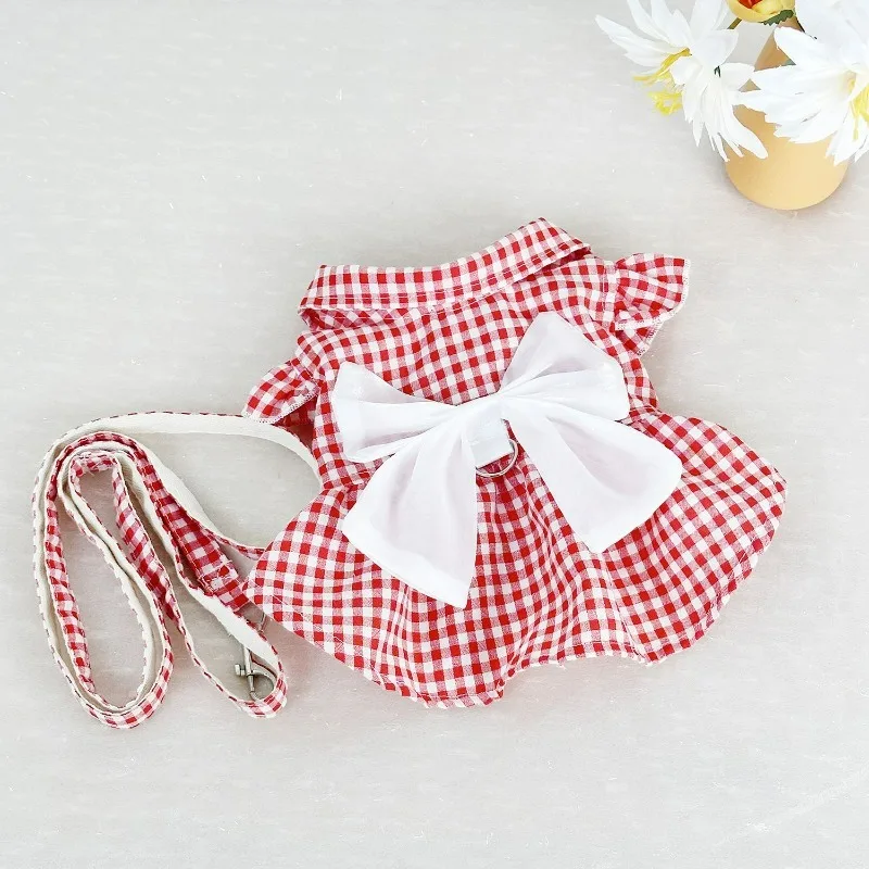 

Cotton Crepe Dress Chest Strap Big Bow Traction for Cats and Dogs Bichon Teddy Small Dog Out Traction Puppy Accessories