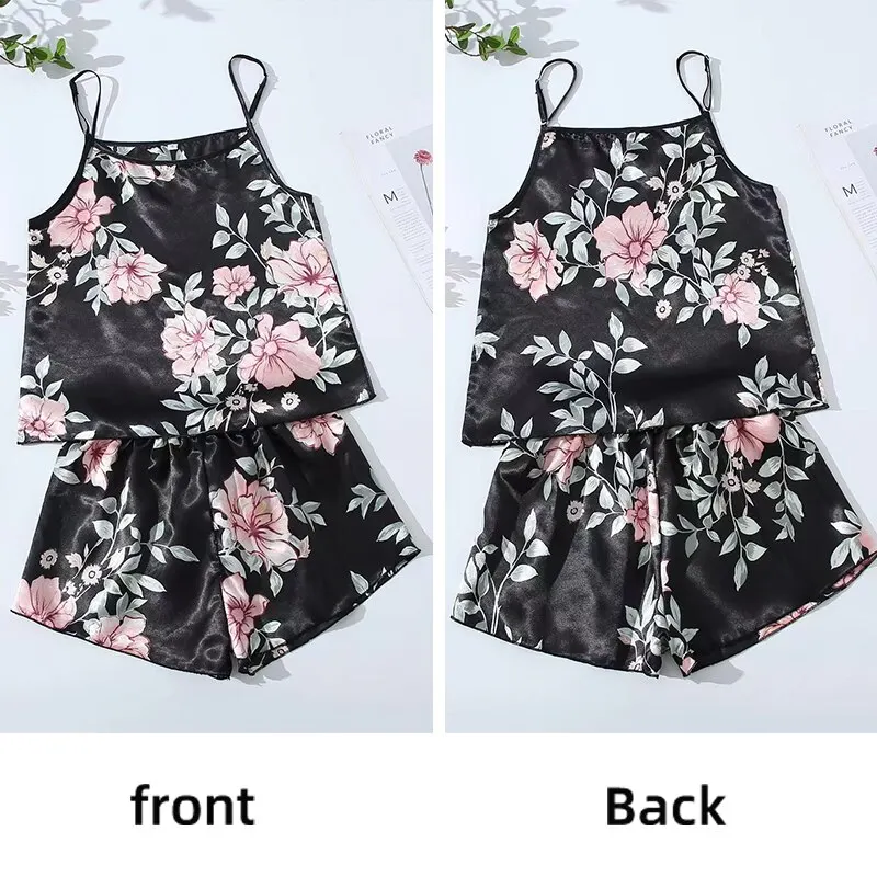 Women Sexy Pajamas Sleepwear Pajama Set Nightgowns Camisole And Shorts Black Red L XL XXL Flower Printing Summer Casual