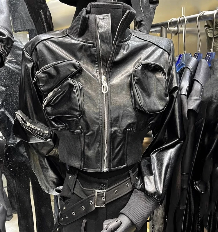 Jaqueta Feminina de Couro PU Estilo Streetwear Solta com Gola Alta para Motociclistas - Coleção Primavera 2026 - Tendência Streetwear