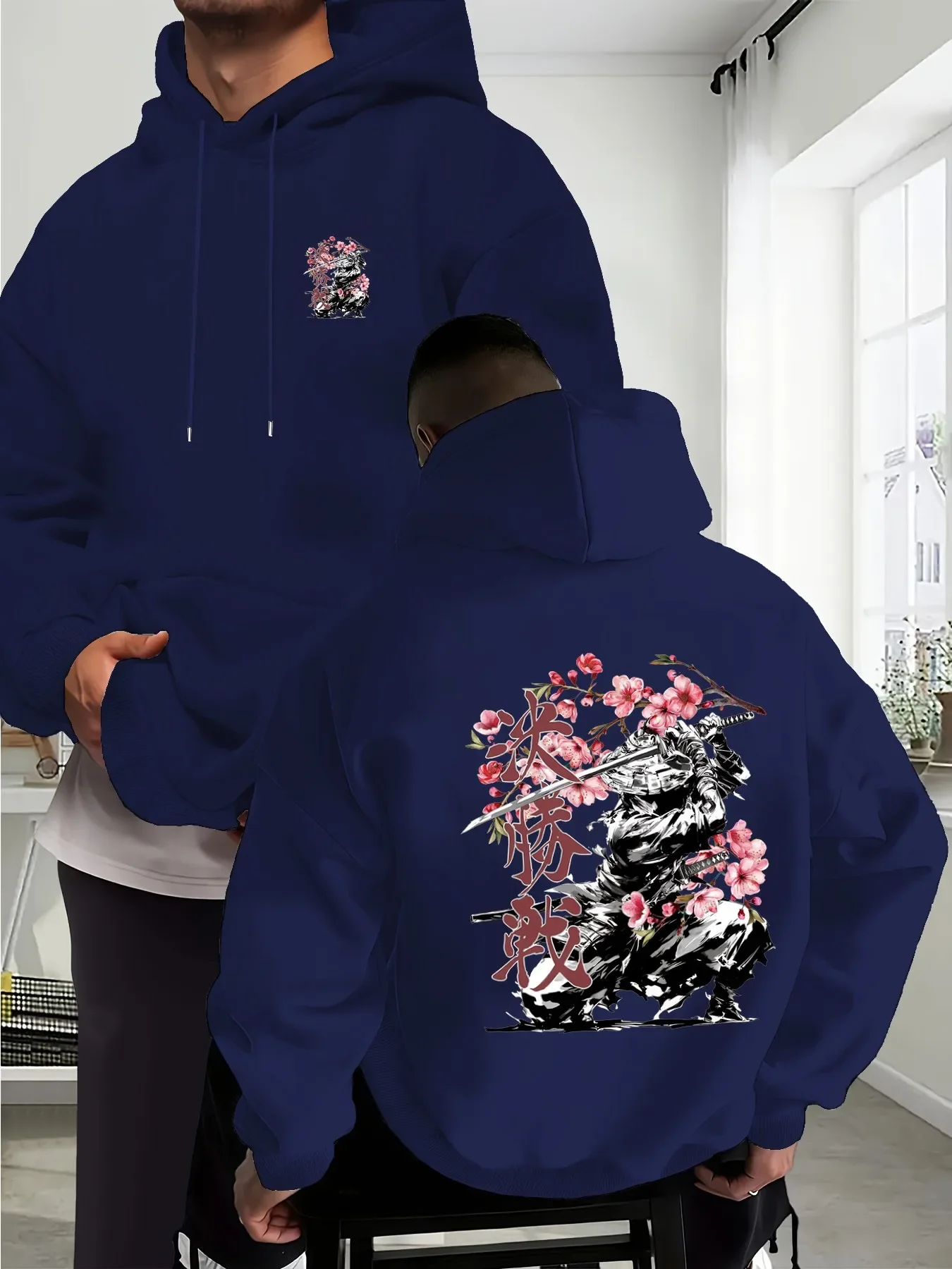 Vintage Japanese Ink Samurai Sakura Hoodie Men Women Back Big Samurai Warrior Katana Cherry Blossom Art Print Oversized Casual