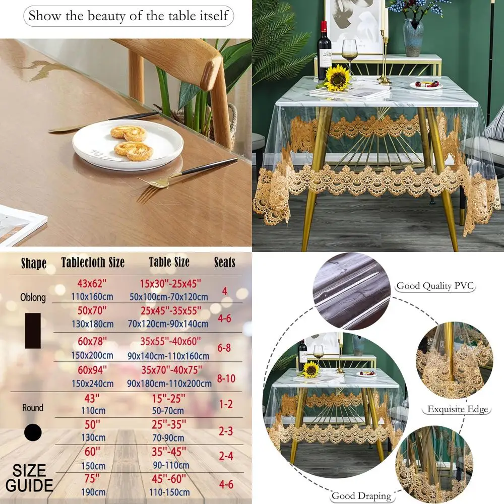 

Clear Rectangular Vinyl Tablecloth with Embroidered Lace Edge, Waterproof and Transparent for Kitchen Dining (60x94 inch, Brown)