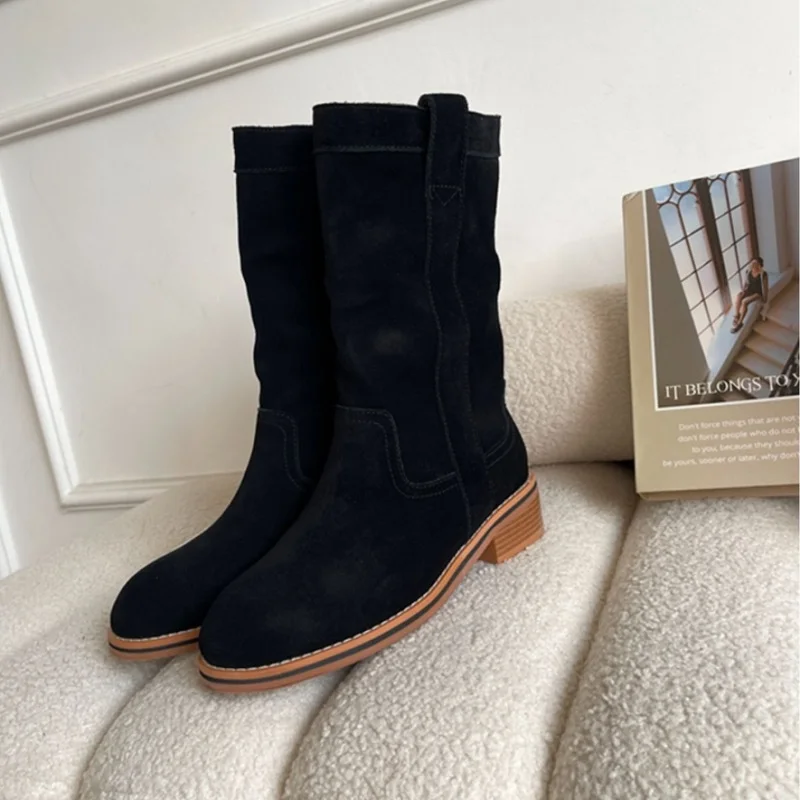 Western Boots Woman Slip On Ladies Shoes Cow Suede Daily Bota Spring Autumn Cowgirls Cool Boots Roundd Toe Winter Botas